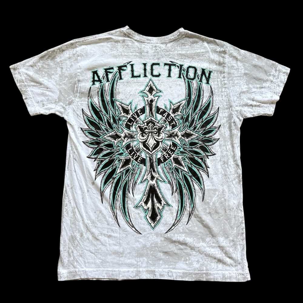 Affliction Men’s Medium Short Sleeve T-Shirt Blue Cross & Angel Wings Graphic